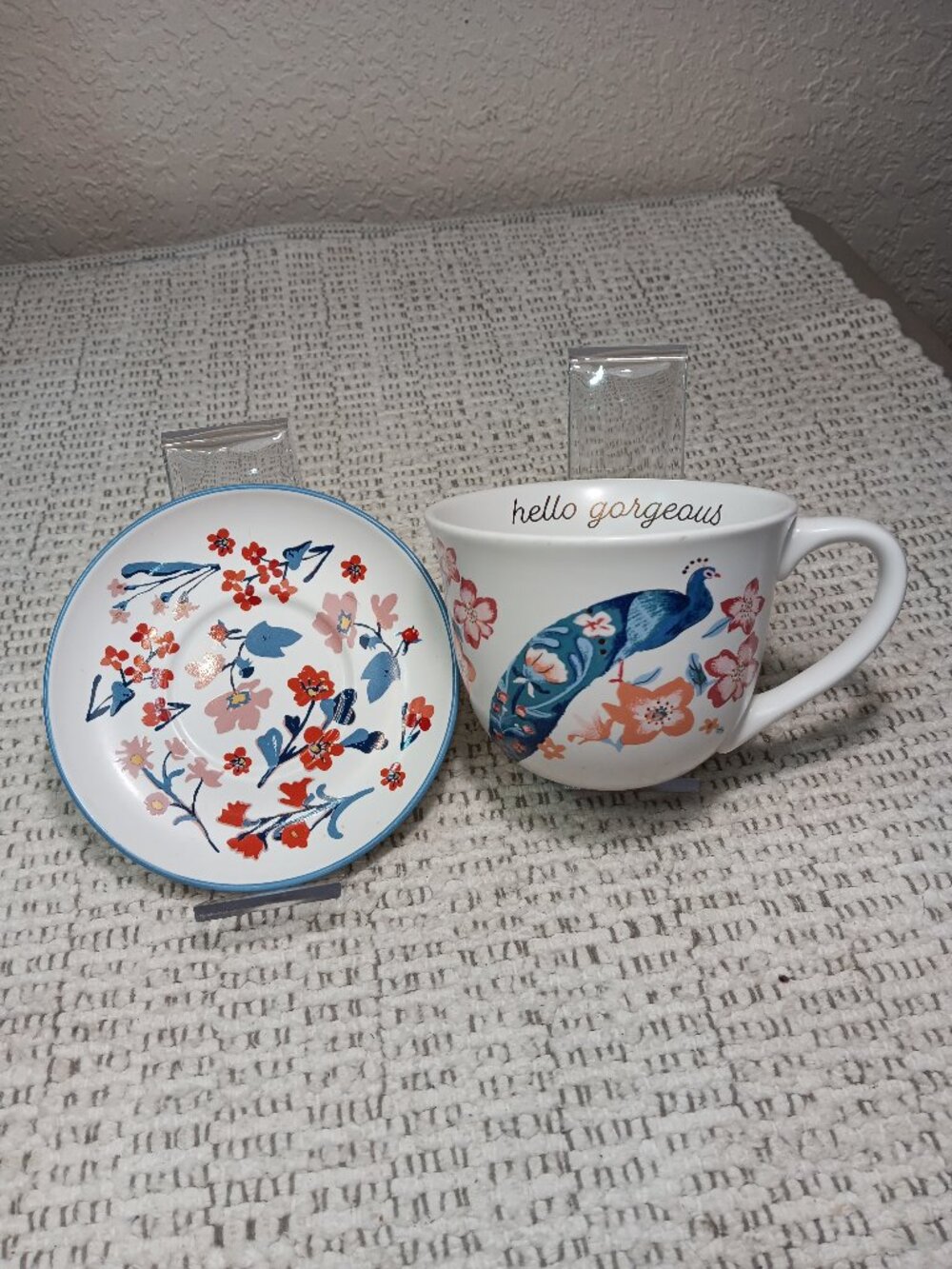 Opalhouse / Threshold 2 pc lot Stoneware "Hello Gorgeous" Peacock Cup Saucer